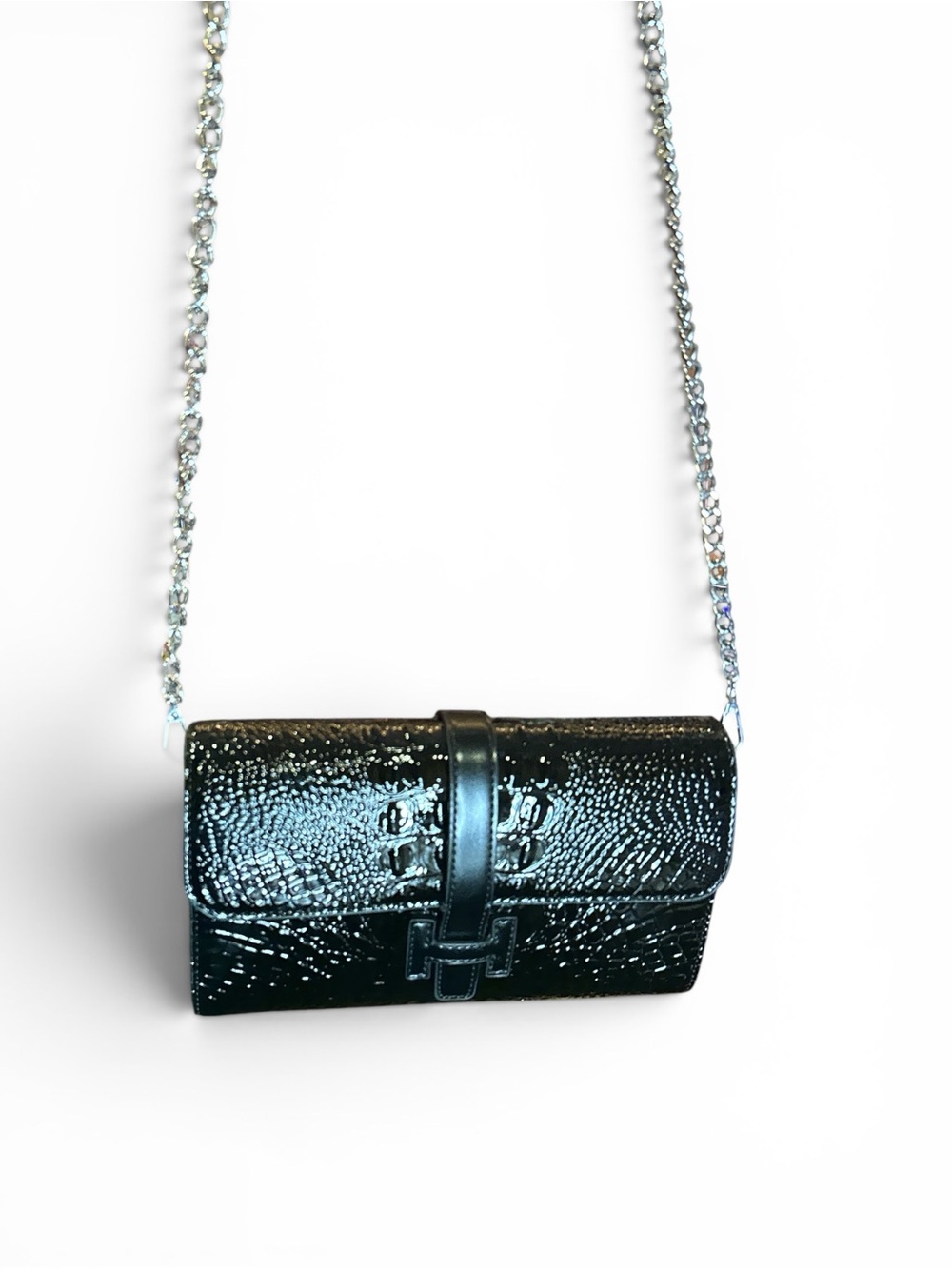 Black Croc-Embossed FASHION Wristlet Clutch or Crossbody New - Picture 7 of 8